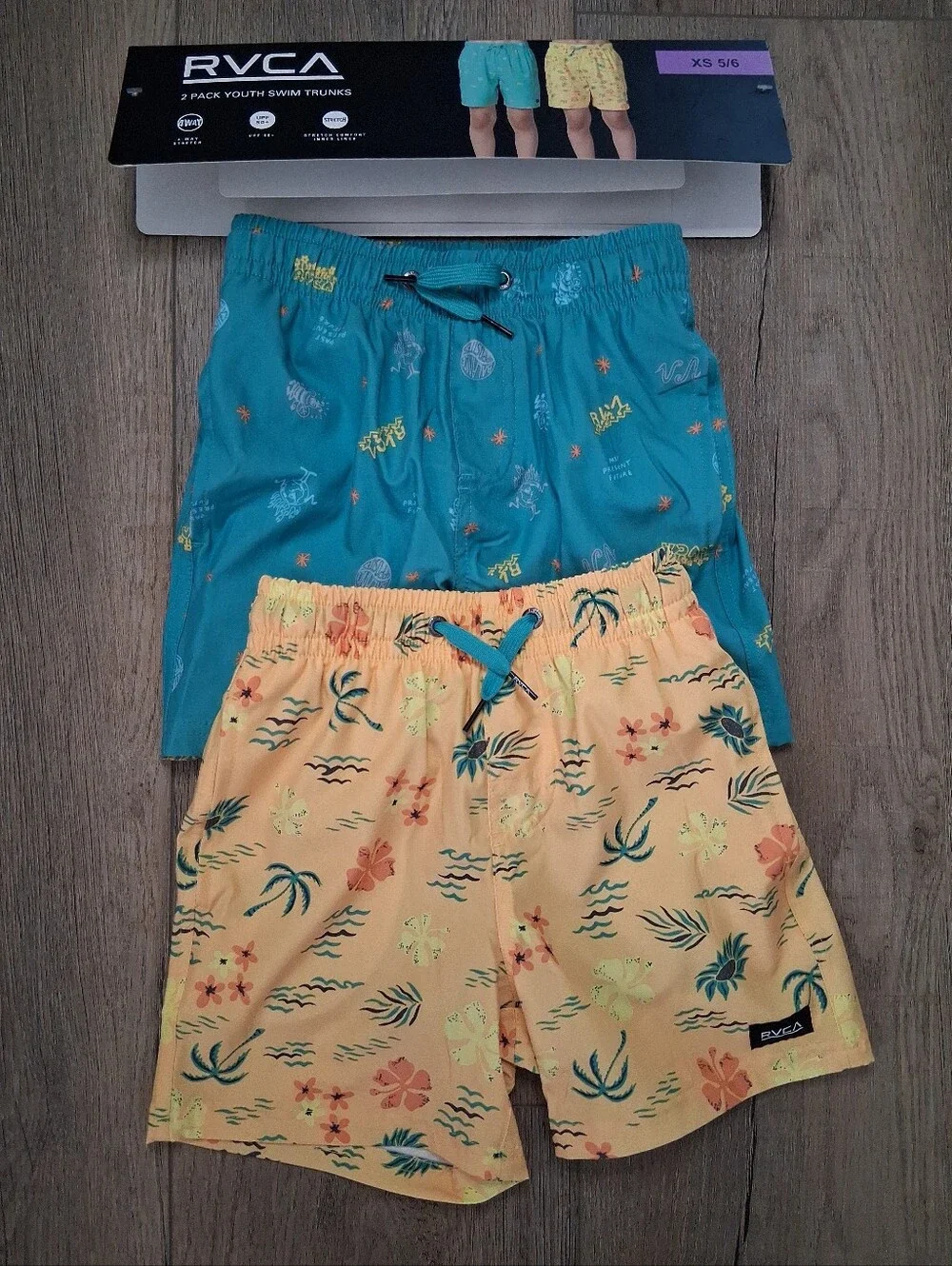 RVCA Boys XS 5/6 Swim Trunks 2-PackYellow Tropic & Blue RVCA Print
